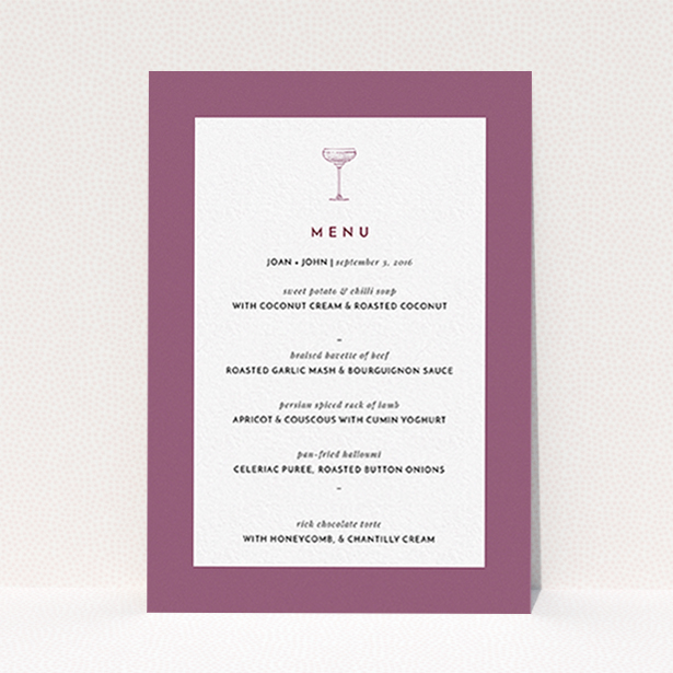 A wedding menu card named "Coupe". It is an A6 menu in a portrait orientation. "Coupe" is available as a flat menu, with mainly purple/dark pink colouring.