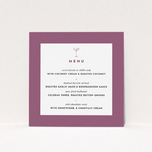 A wedding menu card design called "Coupe". It is a square (148mm x 148mm) menu in a square orientation. "Coupe" is available as a flat menu, with mainly purple/dark pink colouring.