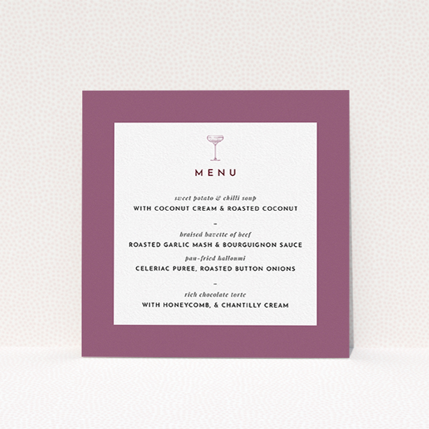A wedding menu card design called "Coupe". It is a square (148mm x 148mm) menu in a square orientation. "Coupe" is available as a flat menu, with mainly purple/dark pink colouring.