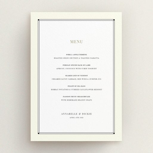 Wedding Menu Card Design - "Deco Cream" A wedding menu card template titled "Deco Cream". It is an A5 menu in a portrait orientation. "Deco Cream" is available as a flat menu, with mainly cream colouring.