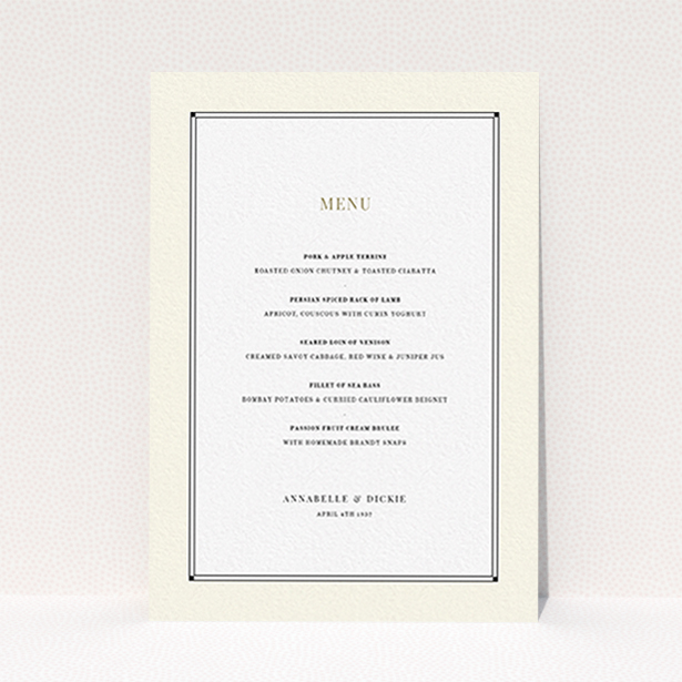 A wedding menu card named "Deco Cream". It is an A6 menu in a portrait orientation. "Deco Cream" is available as a flat menu, with mainly cream colouring.