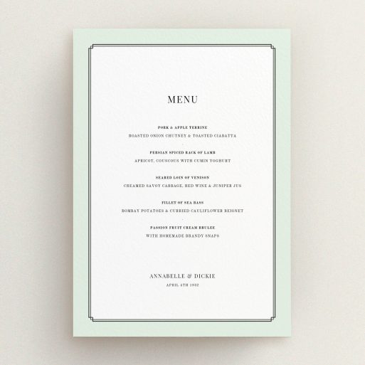 A wedding menu card called "Deco mint". It is an A5 menu in a portrait orientation. "Deco mint" is available as a flat menu, with tones of green and white.