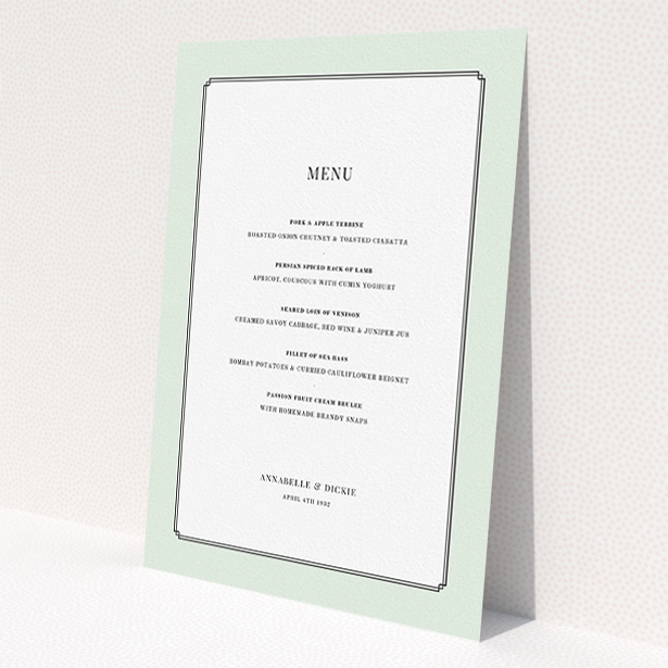 A wedding menu card called "Deco mint". It is an A5 menu in a portrait orientation. "Deco mint" is available as a flat menu, with tones of green and white.