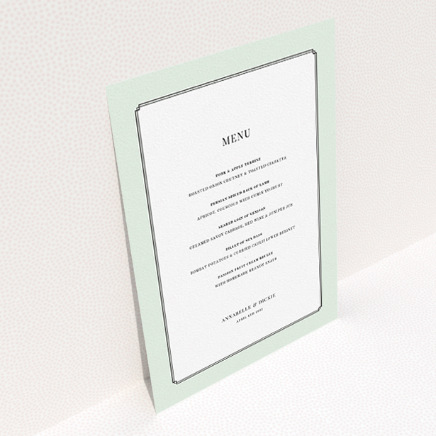 A wedding menu card called "Deco mint". It is an A5 menu in a portrait orientation. "Deco mint" is available as a flat menu, with tones of green and white.