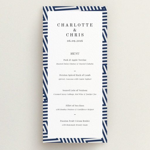 Wedding Menu Card Design - "Diamond scratch" A wedding menu card design called "Diamond scratch". It is a tall (DL) menu in a portrait orientation. "Diamond scratch" is available as a flat menu, with tones of blue and white.