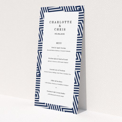 A wedding menu card design called 'Diamond scratch'. It is a tall (DL) menu in a portrait orientation. 'Diamond scratch' is available as a flat menu, with tones of blue and white.