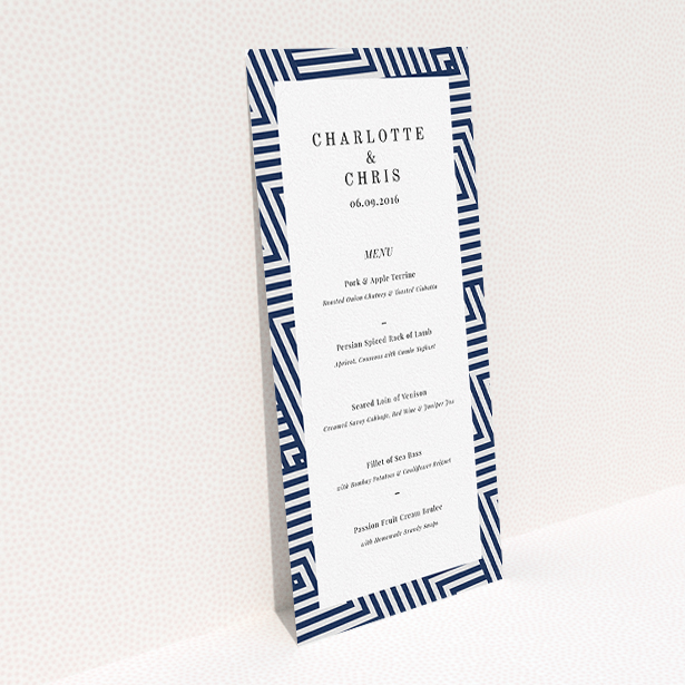 A wedding menu card design called "Diamond scratch". It is a tall (DL) menu in a portrait orientation. "Diamond scratch" is available as a flat menu, with tones of blue and white.