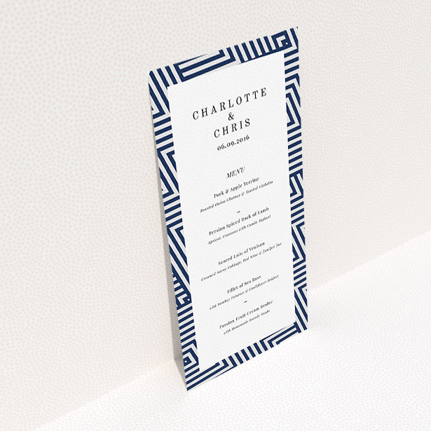 A wedding menu card design called "Diamond scratch". It is a tall (DL) menu in a portrait orientation. "Diamond scratch" is available as a flat menu, with tones of blue and white.