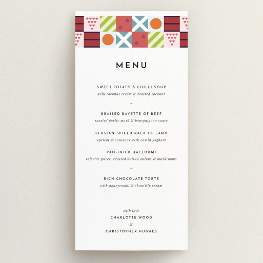 Wedding Menu Card Design - "Epsom" A wedding menu card design called "Epsom". It is a tall (DL) menu in a portrait orientation. "Epsom" is available as a flat menu, with tones of white, orange and blue.