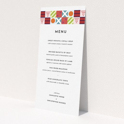 A wedding menu card design called 'Epsom'. It is a tall (DL) menu in a portrait orientation. 'Epsom' is available as a flat menu, with tones of white, orange and blue.