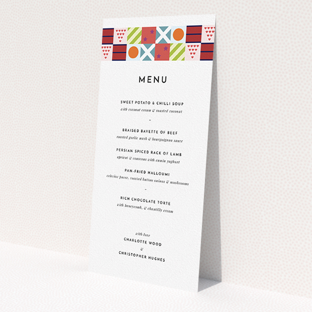 A wedding menu card design called 'Epsom'. It is a tall (DL) menu in a portrait orientation. 'Epsom' is available as a flat menu, with tones of white, orange and blue.