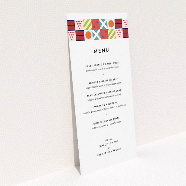 A wedding menu card design called "Epsom". It is a tall (DL) menu in a portrait orientation. "Epsom" is available as a flat menu, with tones of white, orange and blue.