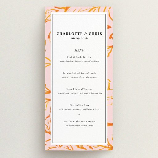 Wedding Menu Card Design - "Falling Foliage" A wedding menu card design called "Falling Foliage". It is a tall (DL) menu in a portrait orientation. "Falling Foliage" is available as a flat menu, with tones of pink and orange.