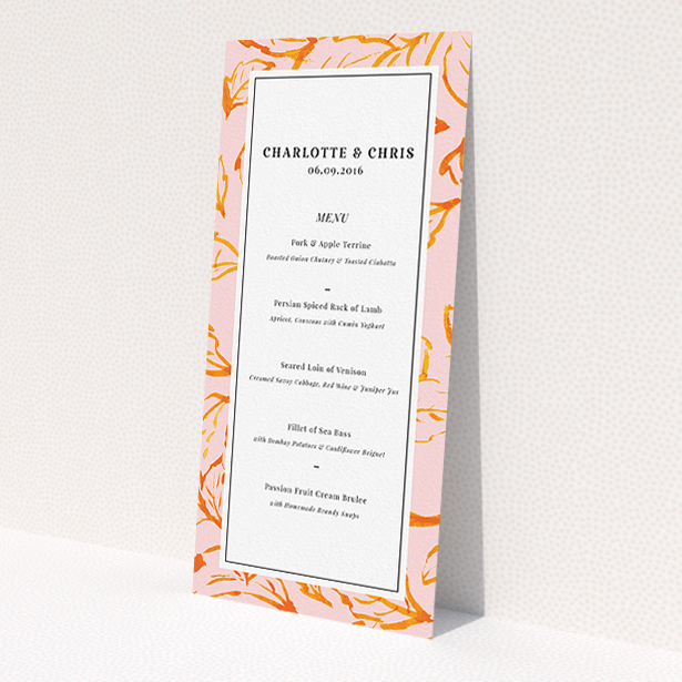 A wedding menu card design called "Falling Foliage". It is a tall (DL) menu in a portrait orientation. "Falling Foliage" is available as a flat menu, with tones of pink and orange.
