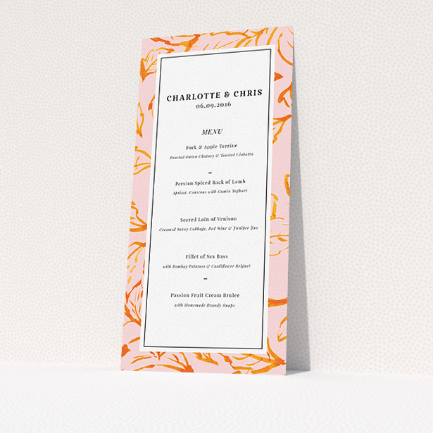 A wedding menu card design called "Falling Foliage". It is a tall (DL) menu in a portrait orientation. "Falling Foliage" is available as a flat menu, with tones of pink and orange.