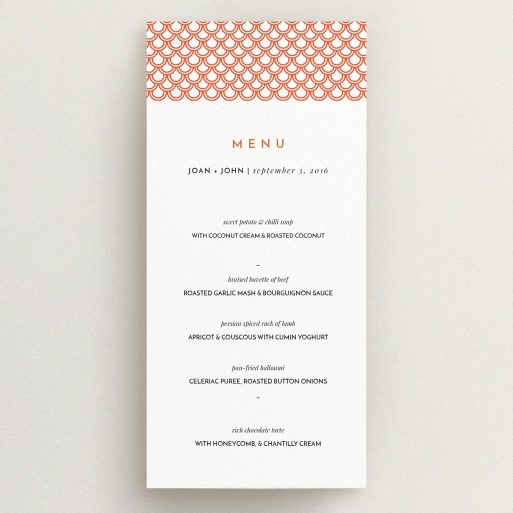 Wedding Reception Menu - From Japan (Orange) A wedding menu card called "From Japan". It is a tall (DL) menu in a portrait orientation. "From Japan" is available as a flat menu, with tones of orange and white.