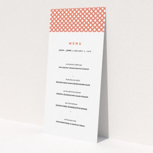 A wedding menu card called 'From Japan'. It is a tall (DL) menu in a portrait orientation. 'From Japan' is available as a flat menu, with tones of orange and white.