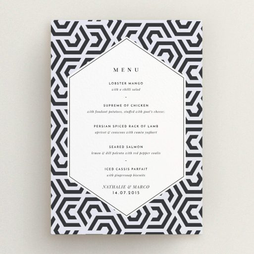 Wedding Menu Card Design - "Geometric corners" A wedding menu card design named "Geometric corners". It is an A5 menu in a portrait orientation. "Geometric corners" is available as a flat menu, with tones of blue and white.