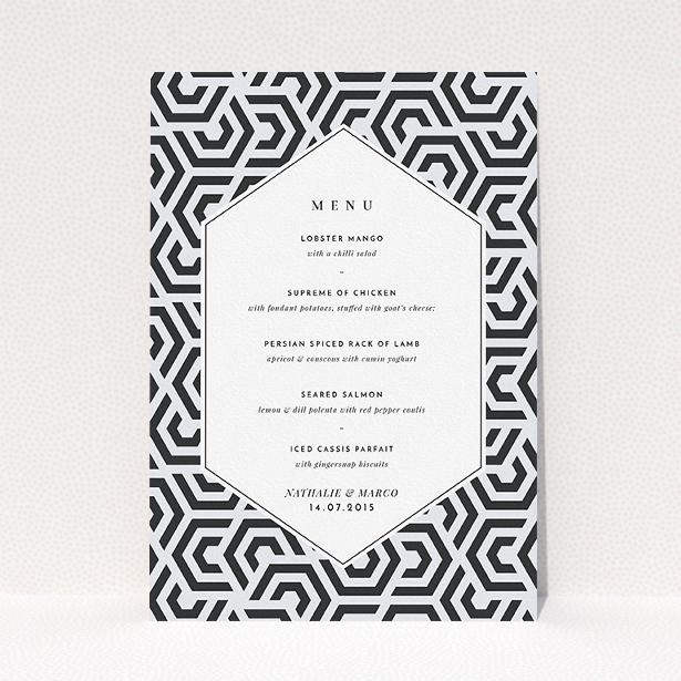 A wedding menu card design named "Geometric corners". It is an A5 menu in a portrait orientation. "Geometric corners" is available as a flat menu, with tones of blue and white.