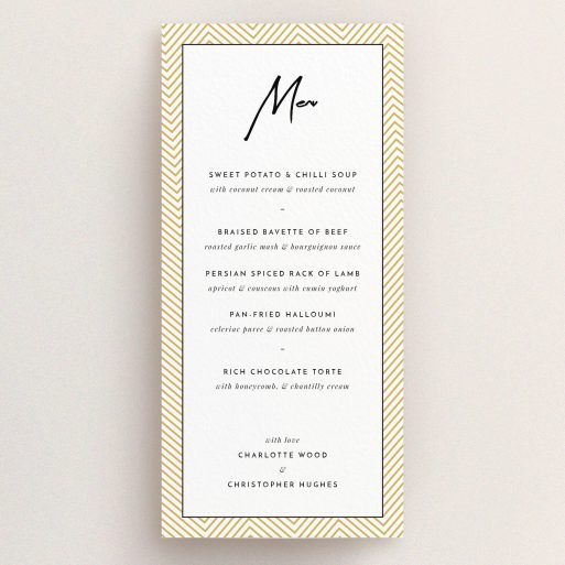 Wedding Menu Card Design - "Golden Lines" A wedding menu card design titled "Golden Lines". It is a tall (DL) menu in a portrait orientation. "Golden Lines" is available as a flat menu, with tones of gold, white and black.