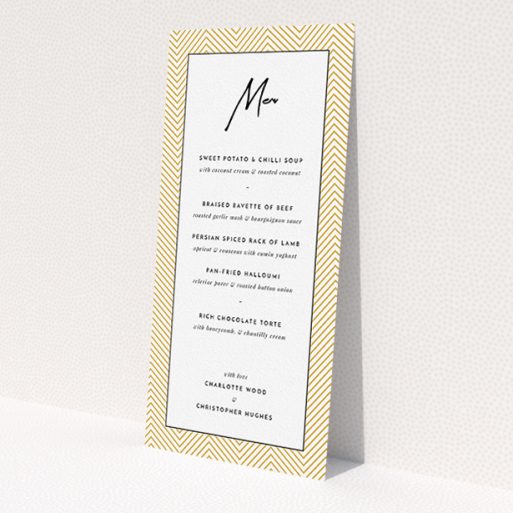A wedding menu card design titled 'Golden Lines'. It is a tall (DL) menu in a portrait orientation. 'Golden Lines' is available as a flat menu, with tones of gold, white and black.