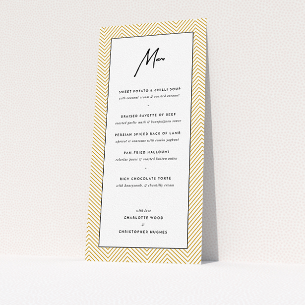 A wedding menu card design titled "Golden Lines". It is a tall (DL) menu in a portrait orientation. "Golden Lines" is available as a flat menu, with tones of gold, white and black.