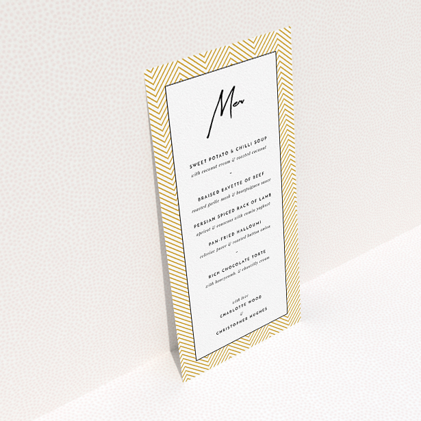 A wedding menu card design titled "Golden Lines". It is a tall (DL) menu in a portrait orientation. "Golden Lines" is available as a flat menu, with tones of gold, white and black.
