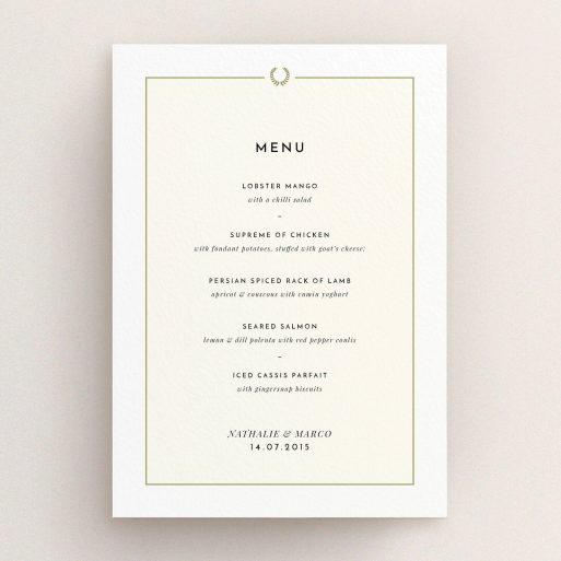 Wedding Menu Card Design - "Greco Topper" A wedding menu card called "Greco Topper". It is an A5 menu in a portrait orientation. "Greco Topper" is available as a flat menu, with mainly cream colouring.