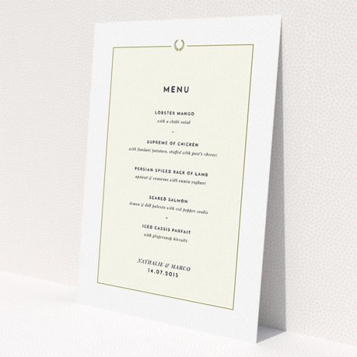A wedding menu card called 'Greco Topper'. It is an A5 menu in a portrait orientation. 'Greco Topper' is available as a flat menu, with mainly cream colouring.
