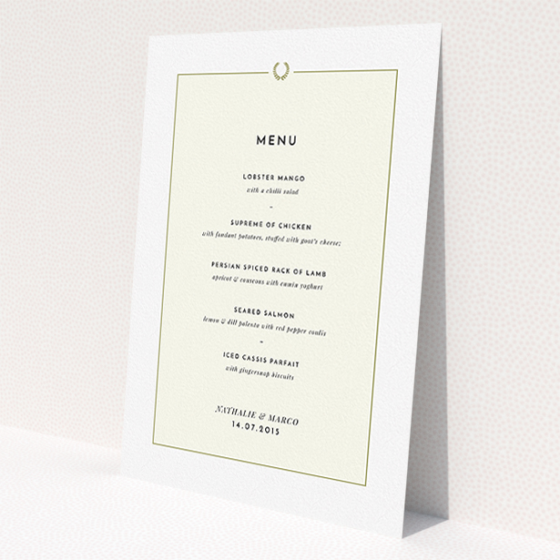 A wedding menu card called "Greco Topper". It is an A5 menu in a portrait orientation. "Greco Topper" is available as a flat menu, with mainly cream colouring.