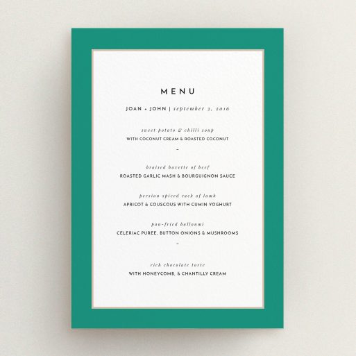 Wedding Menu Card Design - "Green/Salmon Flourish" A wedding menu card template titled "Green/Salmon Flourish". It is an A5 menu in a portrait orientation. "Green/Salmon Flourish" is available as a flat menu, with tones of green and white.