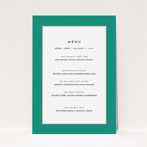 A wedding menu card template titled "Green/Salmon Flourish". It is an A5 menu in a portrait orientation. "Green/Salmon Flourish" is available as a flat menu, with tones of green and white.