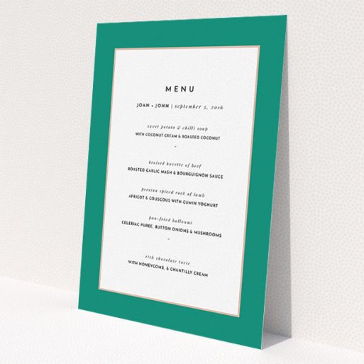A wedding menu card template titled 'Green/Salmon Flourish'. It is an A5 menu in a portrait orientation. 'Green/Salmon Flourish' is available as a flat menu, with tones of green and white.