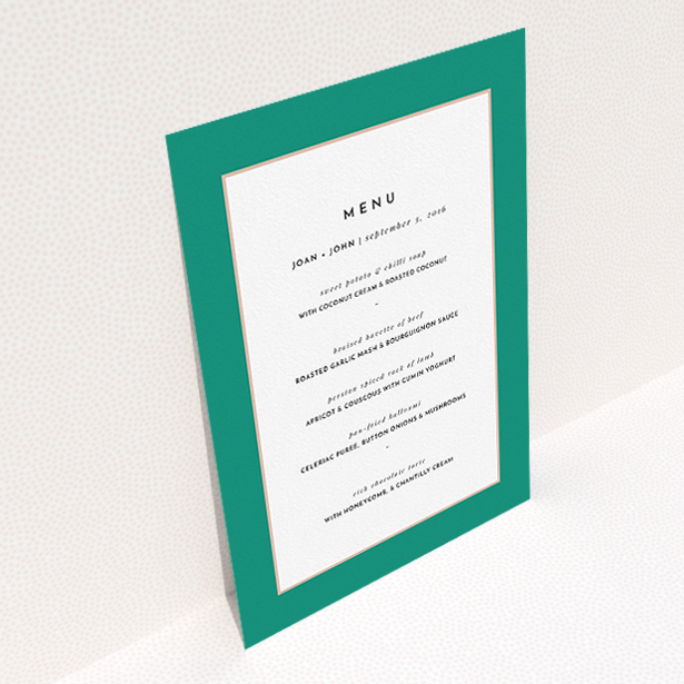 A wedding menu card template titled "Green/Salmon Flourish". It is an A5 menu in a portrait orientation. "Green/Salmon Flourish" is available as a flat menu, with tones of green and white.