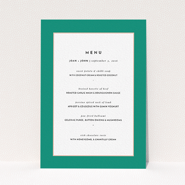 A wedding menu card named "Green/Salmon Flourish". It is an A6 menu in a portrait orientation. "Green/Salmon Flourish" is available as a flat menu, with tones of green and white.