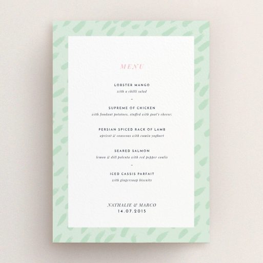 Wedding Menu Card Design - "Green Strokes" A wedding menu card design titled "Green Strokes". It is an A5 menu in a portrait orientation. "Green Strokes" is available as a flat menu, with tones of green and white.