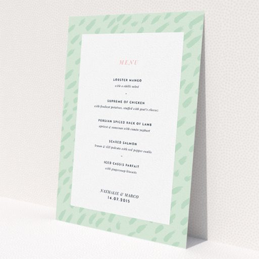 A wedding menu card design titled 'Green Strokes'. It is an A5 menu in a portrait orientation. 'Green Strokes' is available as a flat menu, with tones of green and white.