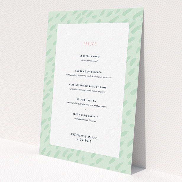 A wedding menu card design titled "Green Strokes". It is an A5 menu in a portrait orientation. "Green Strokes" is available as a flat menu, with tones of green and white.