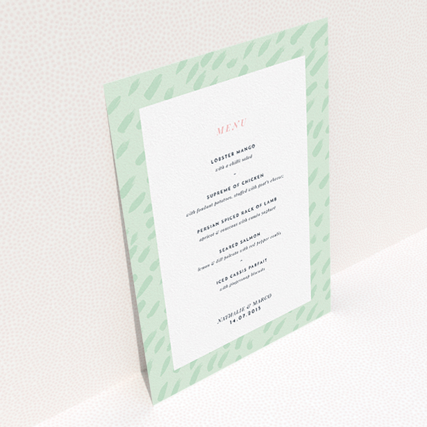 A wedding menu card design titled "Green Strokes". It is an A5 menu in a portrait orientation. "Green Strokes" is available as a flat menu, with tones of green and white.