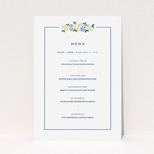 A wedding menu card design titled "In a border of flowers". It is an A5 menu in a portrait orientation. "In a border of flowers" is available as a flat menu, with tones of white and blue.