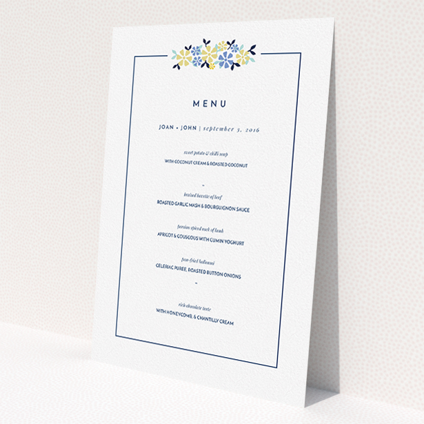 A wedding menu card design titled 'In a border of flowers'. It is an A5 menu in a portrait orientation. 'In a border of flowers' is available as a flat menu, with tones of white and blue.