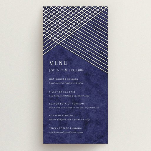 Wedding Menu Card Design - "In the Navy" A wedding menu card called "In the Navy". It is a tall (DL) menu in a portrait orientation. "In the Navy" is available as a flat menu, with tones of blue and white.