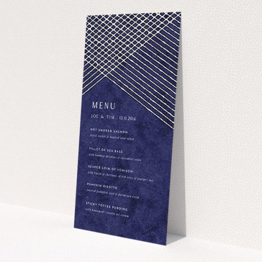 A wedding menu card called 'In the Navy'. It is a tall (DL) menu in a portrait orientation. 'In the Navy' is available as a flat menu, with tones of blue and white.