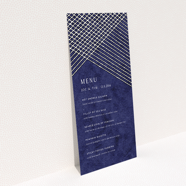 A wedding menu card called "In the Navy". It is a tall (DL) menu in a portrait orientation. "In the Navy" is available as a flat menu, with tones of blue and white.