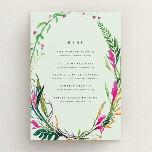 Wedding Menu Card Design - "Jungle collection" A wedding menu card template titled "Jungle collection". It is an A5 menu in a portrait orientation. "Jungle collection" is available as a flat menu, with tones of green, pink and orange.