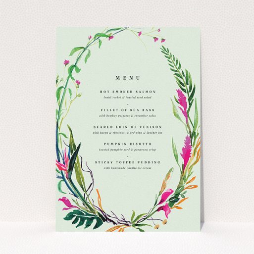 A wedding menu card template titled "Jungle collection". It is an A5 menu in a portrait orientation. "Jungle collection" is available as a flat menu, with tones of green, pink and orange.