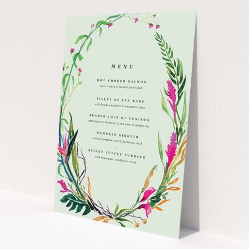 A wedding menu card template titled 'Jungle collection'. It is an A5 menu in a portrait orientation. 'Jungle collection' is available as a flat menu, with tones of green, pink and orange.