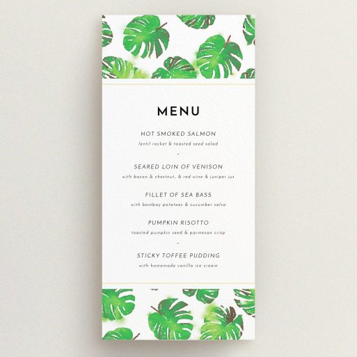 Wedding Menu Card Design - "Jungle Sky" A wedding menu card template titled "Jungle Sky". It is a tall (DL) menu in a portrait orientation. "Jungle Sky" is available as a flat menu, with tones of green and white.