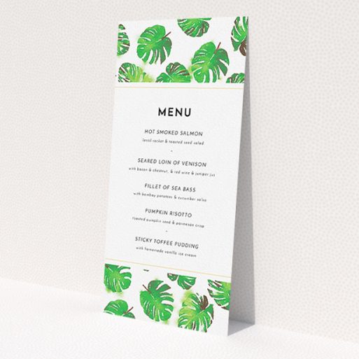 A wedding menu card template titled 'Jungle Sky'. It is a tall (DL) menu in a portrait orientation. 'Jungle Sky' is available as a flat menu, with tones of green and white.