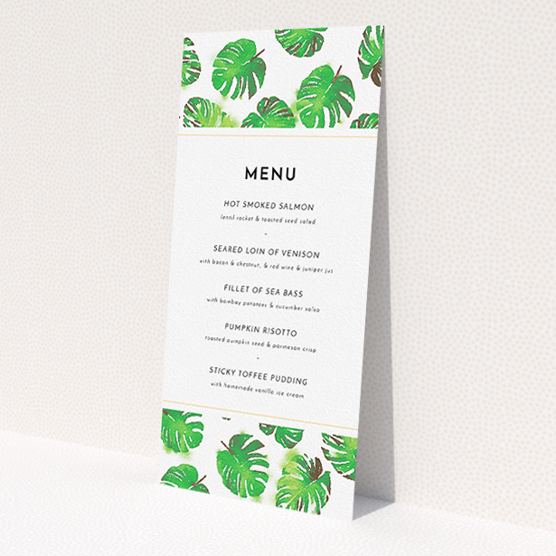 A wedding menu card template titled 'Jungle Sky'. It is a tall (DL) menu in a portrait orientation. 'Jungle Sky' is available as a flat menu, with tones of green and white.
